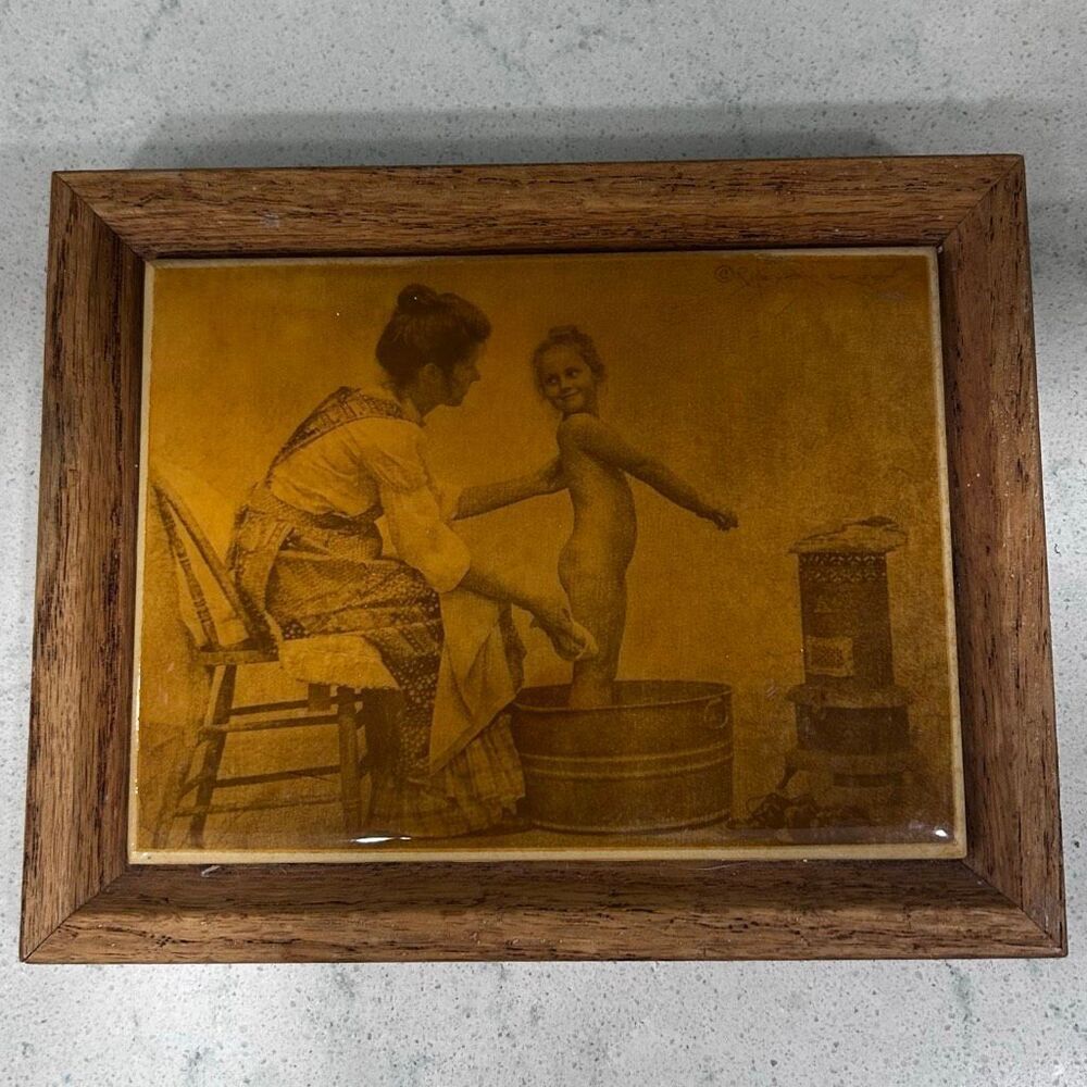 Vtg R. Hendrickson Sepia Art Framed Print Woman Giving Child a Bath Metal Tub OS